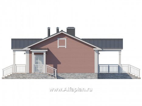 Проект каркасного одноэтажного дома, с террасой, 2 спальни, в классическом стиле - превью фасада дома