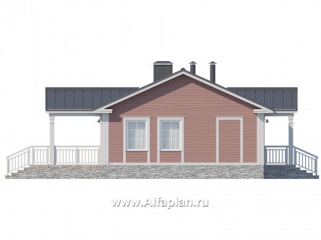 Проект каркасного одноэтажного дома, с террасой, 2 спальни, в классическом стиле - превью фасада дома