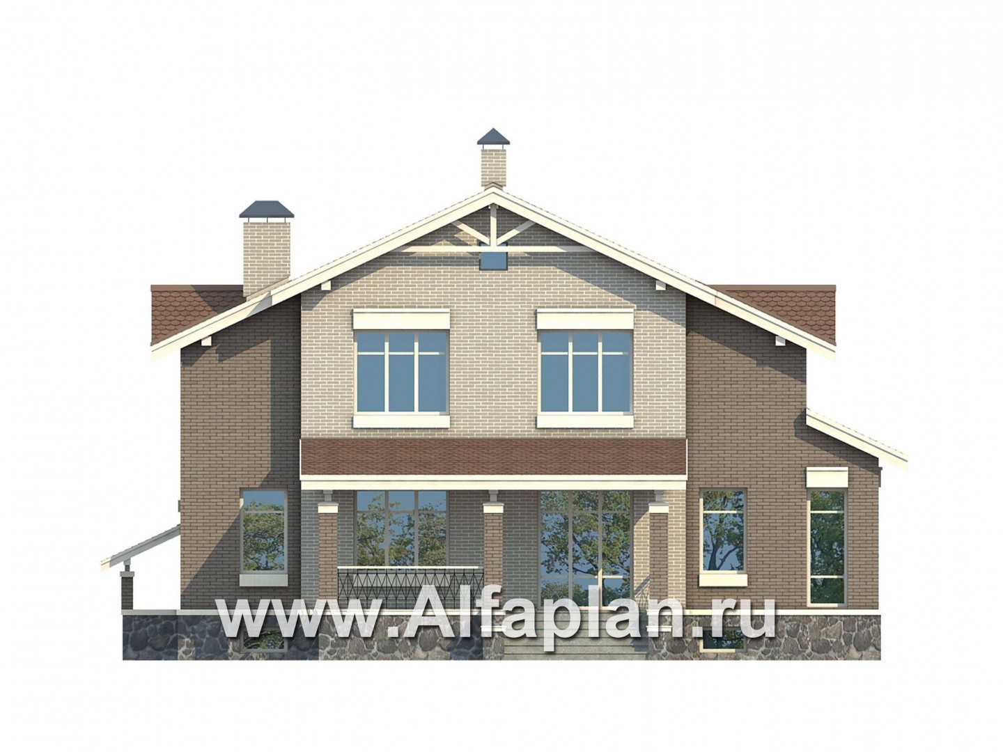 Проекты домов Альфаплан - Проект кирпичного особняка с цокольным этажом - изображение фасада №3