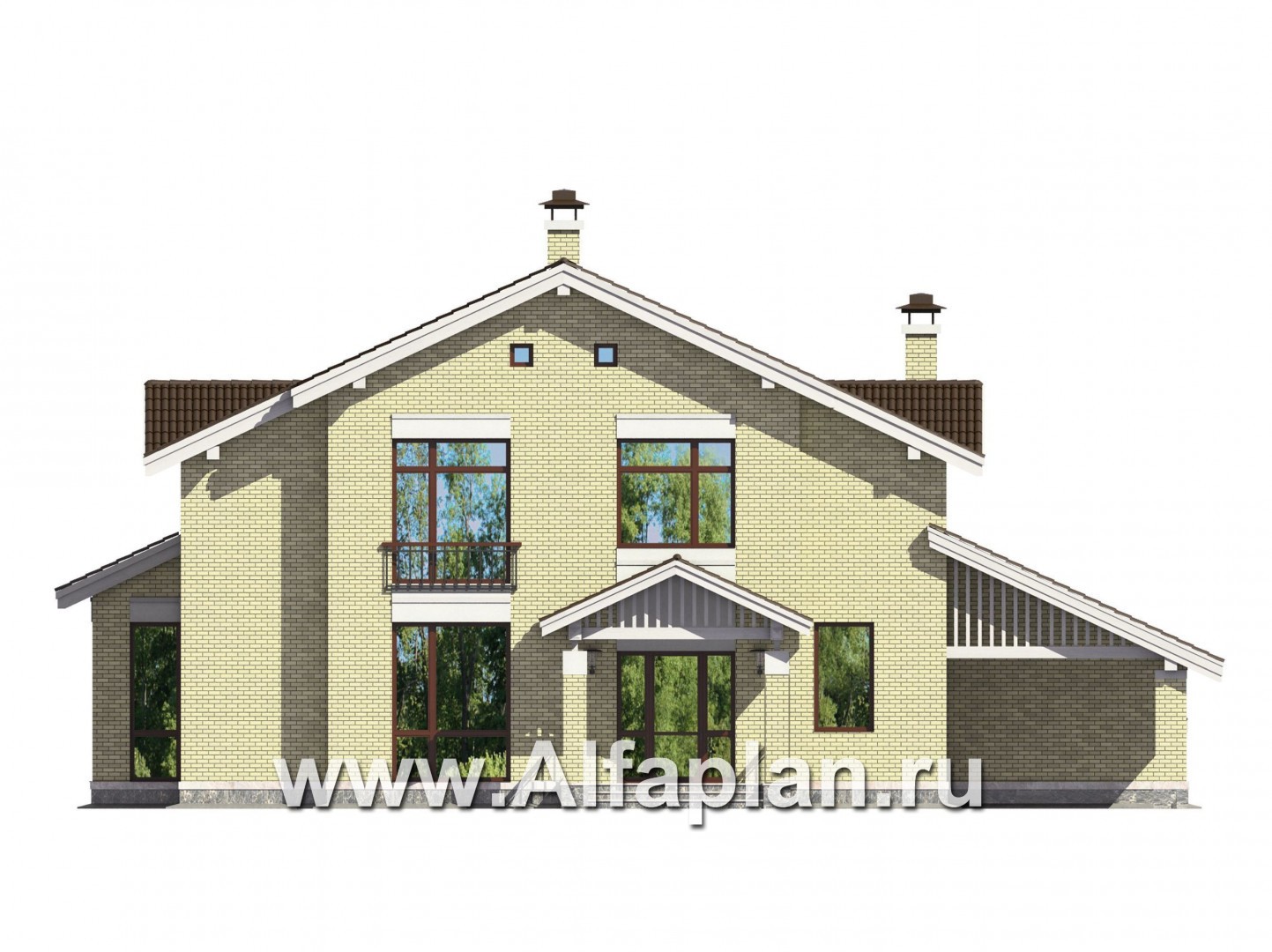 Проекты домов Альфаплан - Проект кирпичного коттеджа с навесом для машины - изображение фасада №1