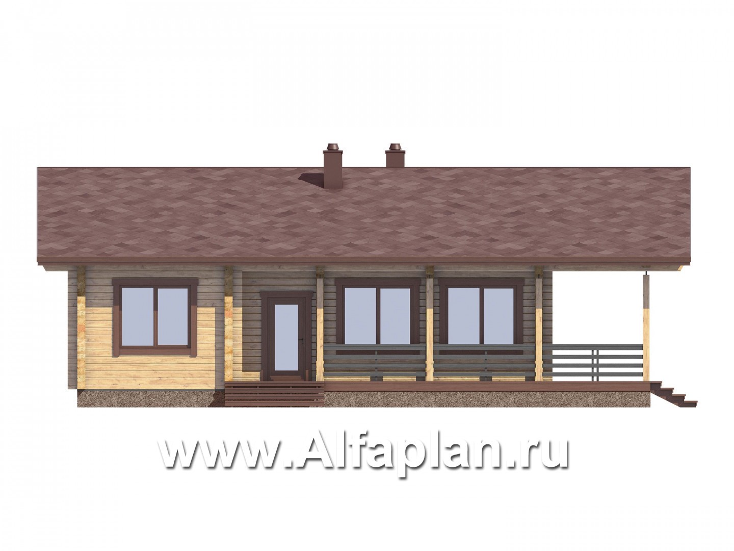 Проекты домов Альфаплан - Проект  современной дачи из бревна с большой угловой террасой - изображение фасада №2