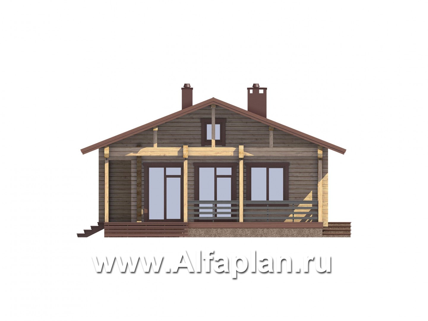 Проекты домов Альфаплан - Проект  современной дачи из бревна с большой угловой террасой - изображение фасада №3