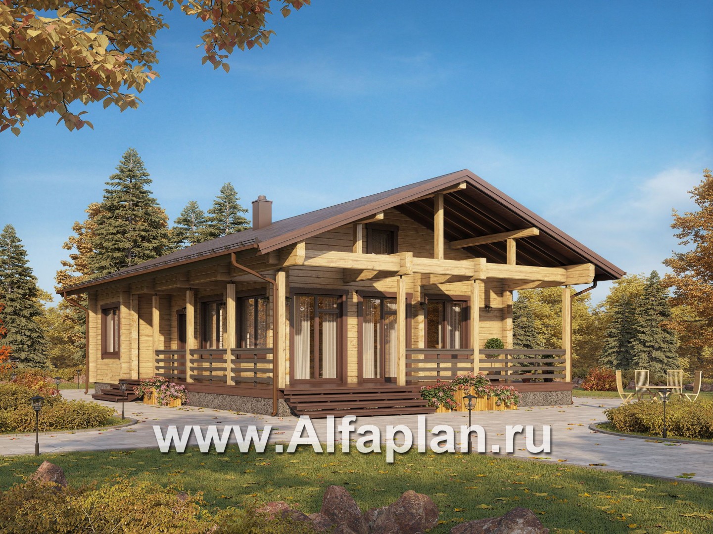 Проекты домов Альфаплан - Проект  современной дачи из бревна с большой угловой террасой - основное изображение