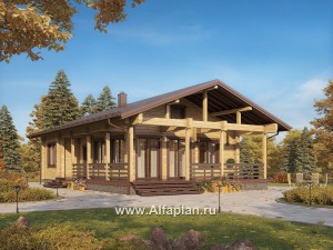 Проекты домов Альфаплан - Проект  современной дачи из бревна с большой угловой террасой - превью основного изображения