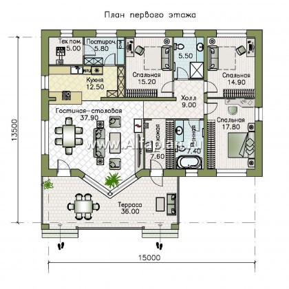 «Бережки» - современный проект одноэтажного дома, с эркером, с панорамным остеклением - превью план дома