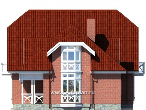 Проект коттеджа с мансардой, планировка с кабинетом и эркером, дачный дом - превью фасада дома