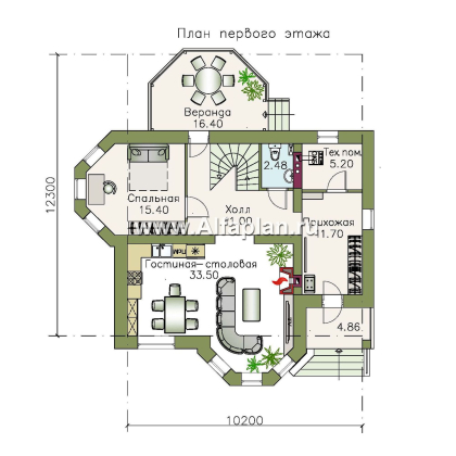 Проекты домов Альфаплан - «Классика» - классический особняк с комнатой на первом этаже - превью плана проекта №1