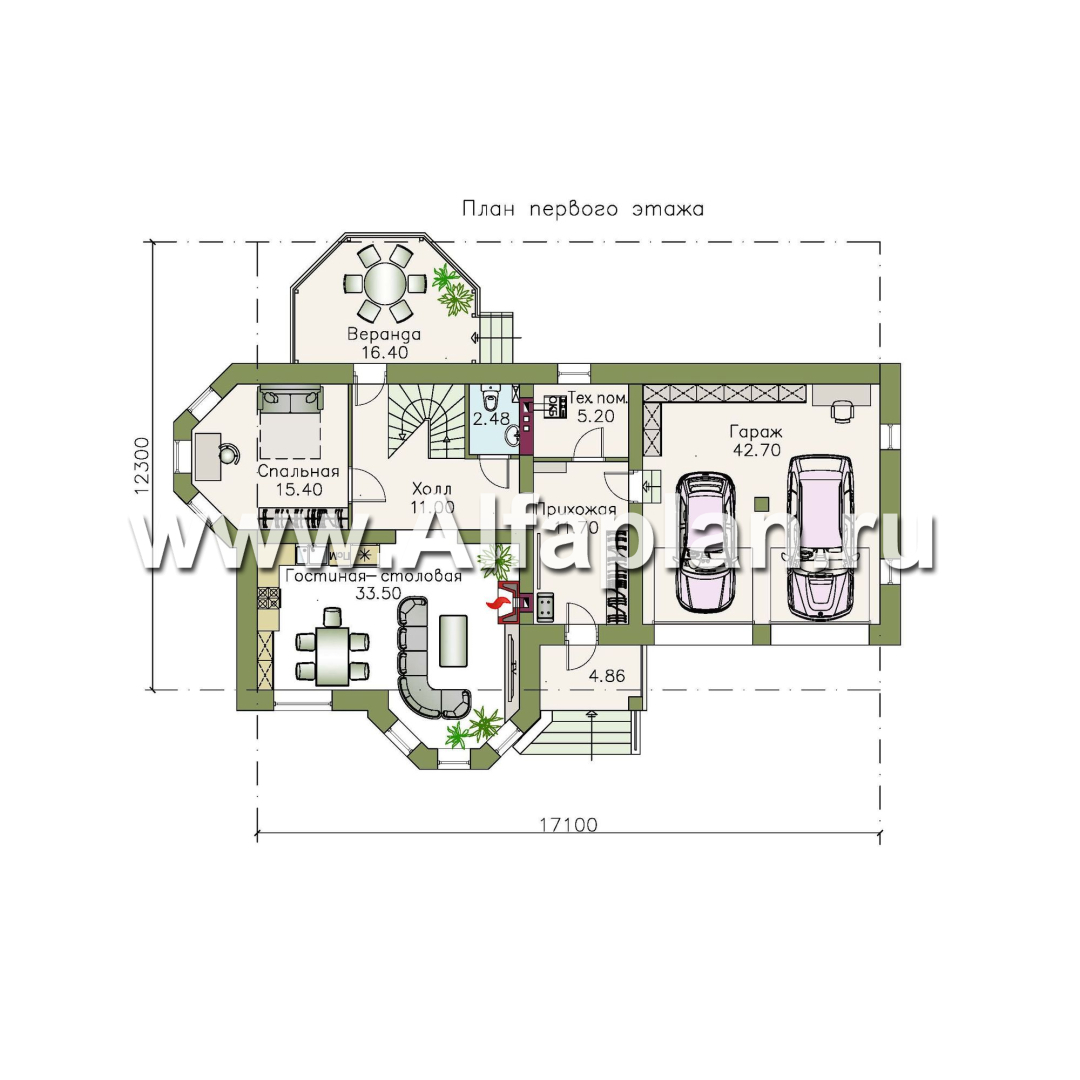 Проекты домов Альфаплан - «Классика» - двухэтажный особняк с большим гаражом и комнатой на первом этаже - план проекта №1