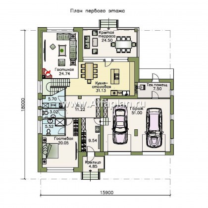 Проекты домов Альфаплан - «Родос» - стильный двухэтажный дома с гаражом на две машины - превью плана проекта №1