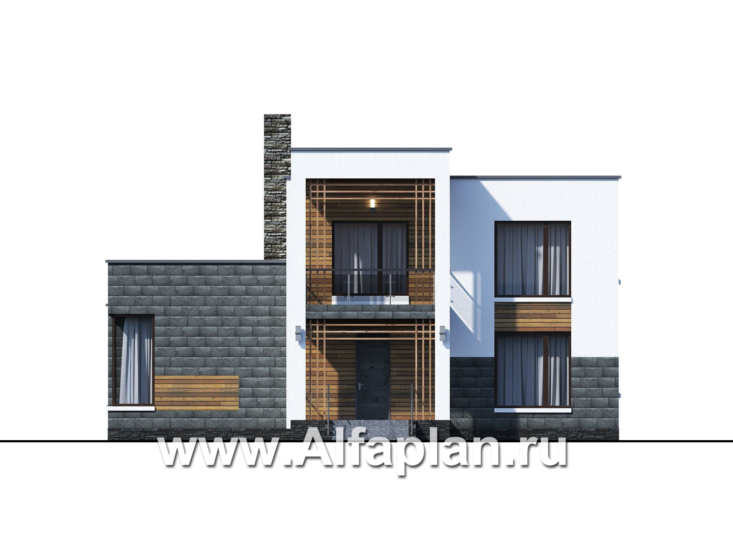 «Футура» - современный двухэтажный дом, с террасой и с плоской крышей, в стиле минимализм - фасад дома