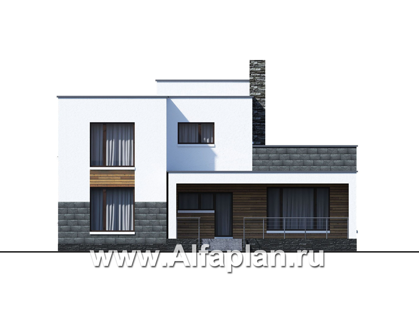 «Футура» - современный двухэтажный дом, с террасой и с плоской крышей, в стиле минимализм - фасад дома