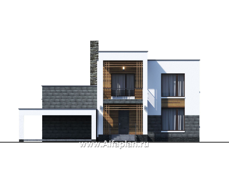 Проекты домов Альфаплан - «Футура» - современный двухэтажный дом с плоской кровлей и гаражом-навесом - превью фасада №1