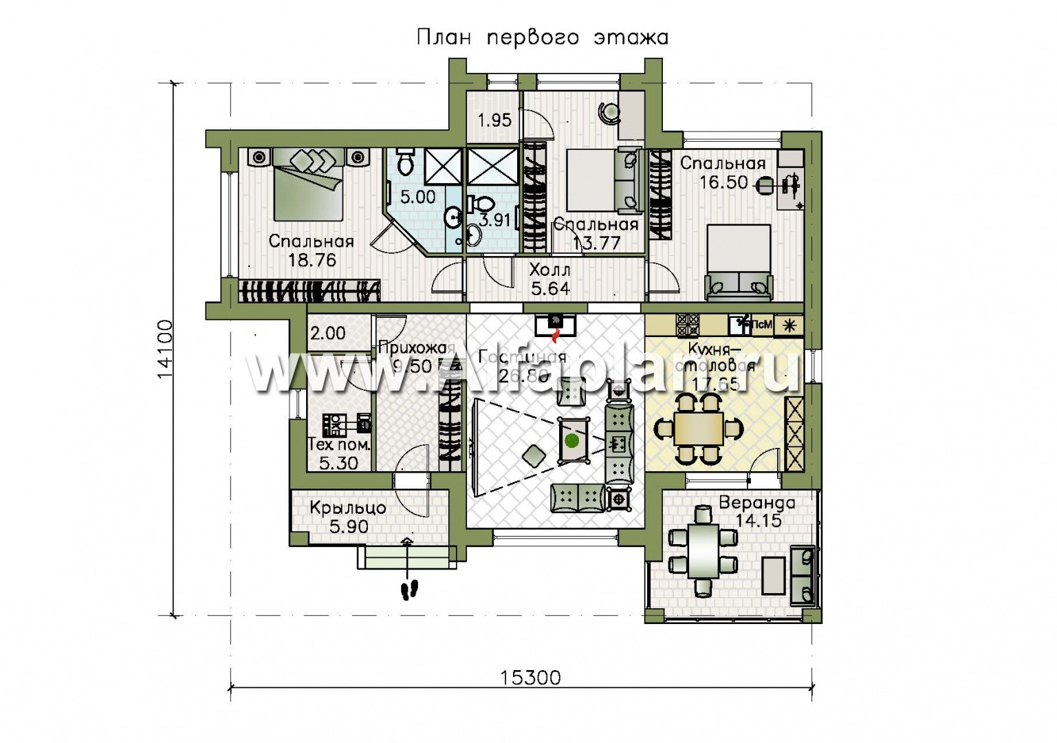 Проекты домов Альфаплан - «Эрато» — одноэтажный дом с плоской кровлей - план проекта №1