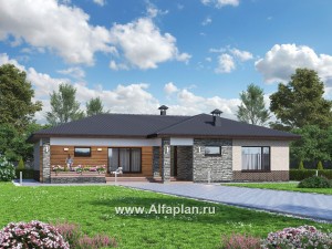Проекты домов Альфаплан - «Алазея» - просторный одноэтажный дом с сауной и террасой - превью основного изображения