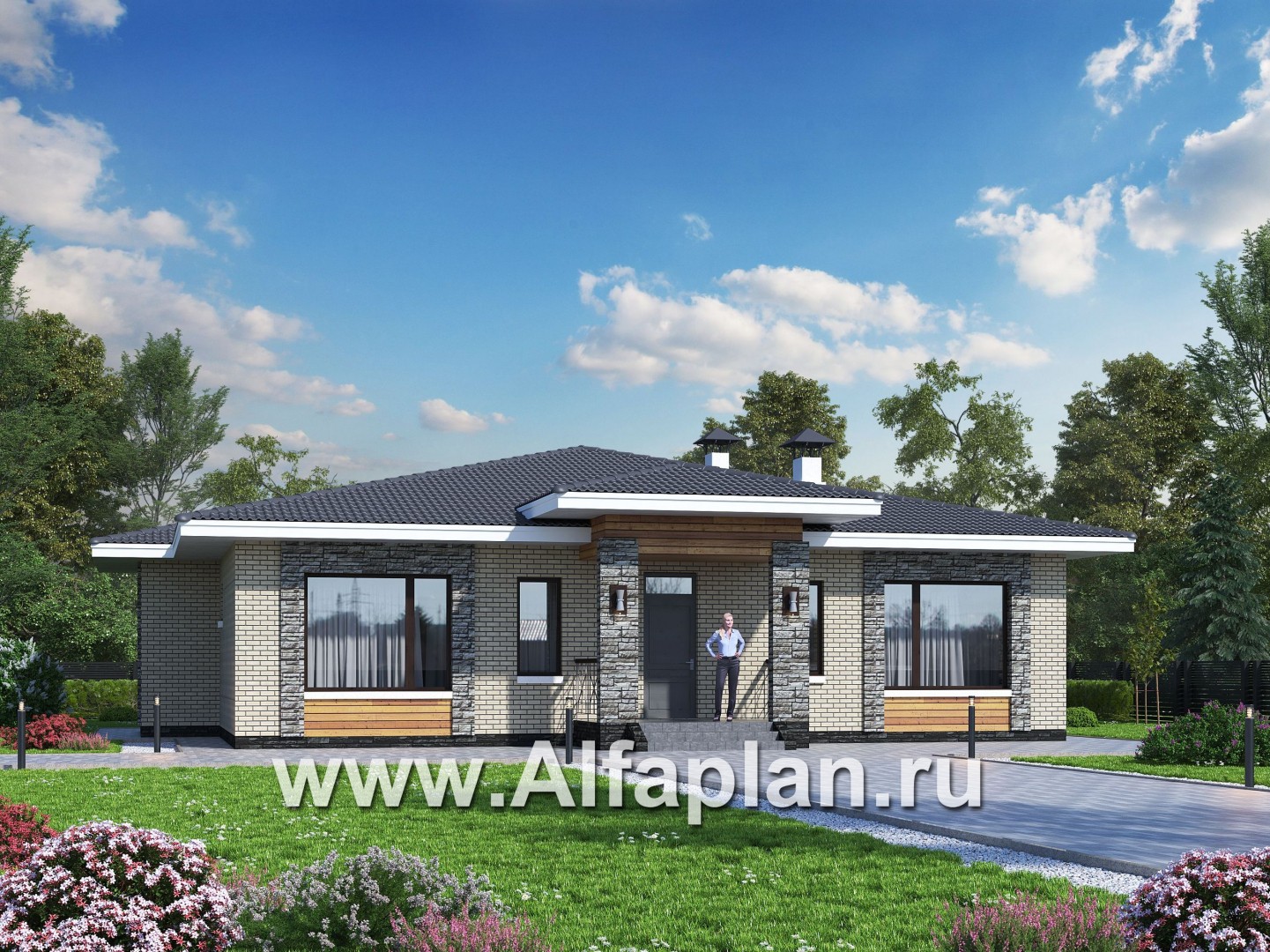 Проекты домов Альфаплан - «Аккорд» - просторный одноэтажный дом с симметричными фасадами - основное изображение