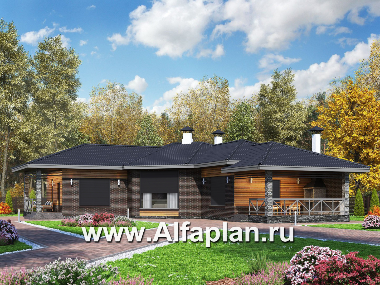 Проекты домов Альфаплан - «Квазар» - проект одноэтажного дома с диагональным планом - основное изображение