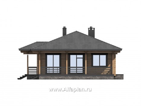 Проект одноэтажного дома из бруса, дача с террасой, 3 спальни - превью фасада дома