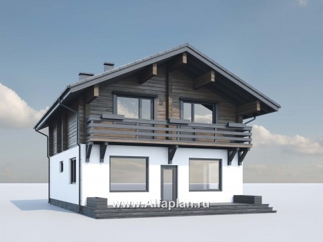 Проект дома с мансардой, с террасой и с балконом, из газобетона и бруса, в стиле шале - превью дополнительного изображения №2