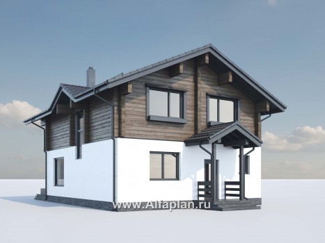 Проект дома с мансардой, с террасой и с балконом, из газобетона и бруса, в стиле шале - превью дополнительного изображения №3