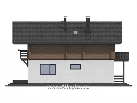 Проект дома с мансардой, с террасой и с балконом, из газобетона и бруса, в стиле шале - превью фасада дома