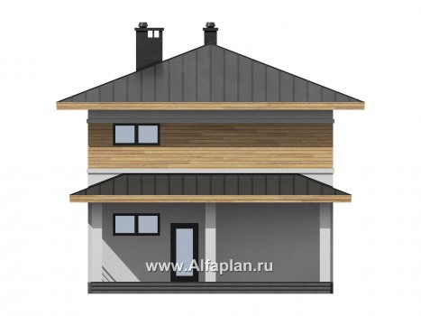 Проект двухэтажного дома из газобетона, планировка с кабинетом на 1 эт и с террасой, в современном стиле - превью фасада дома