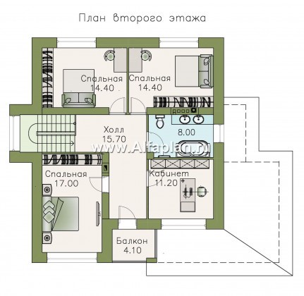 «Роман с камнем» — проект двухэтажного дома, с террасой, со скрытой установкой ролет на окнах 1-го этажа - превью план дома