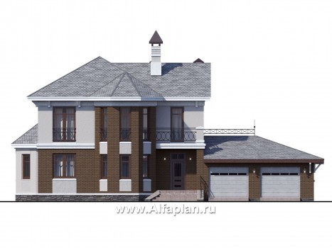 Проекты домов Альфаплан - «Классика»- двухэтажный особняк с эркером и большим гаражом - превью фасада №1