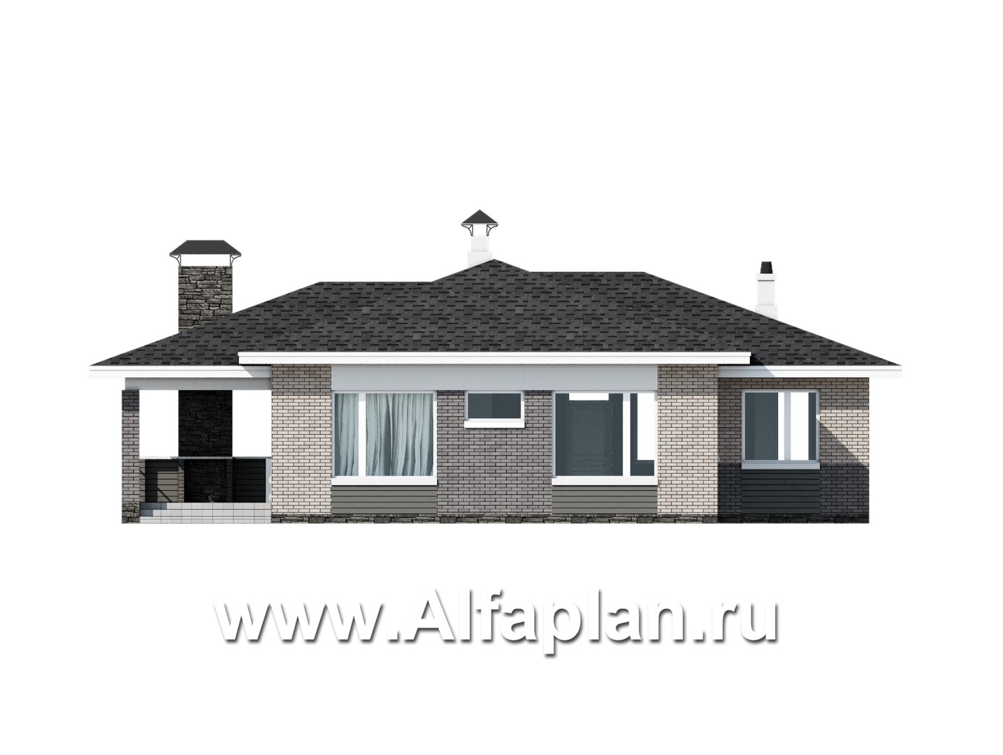 Проекты домов Альфаплан - «Юкон» - проект просторного одноэтажного дома с террасой - изображение фасада №4