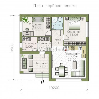 Проекты домов Альфаплан - «Дега» - проект одноэтажного дома из газобетона, с террасой, 2 спальни - превью плана проекта №1