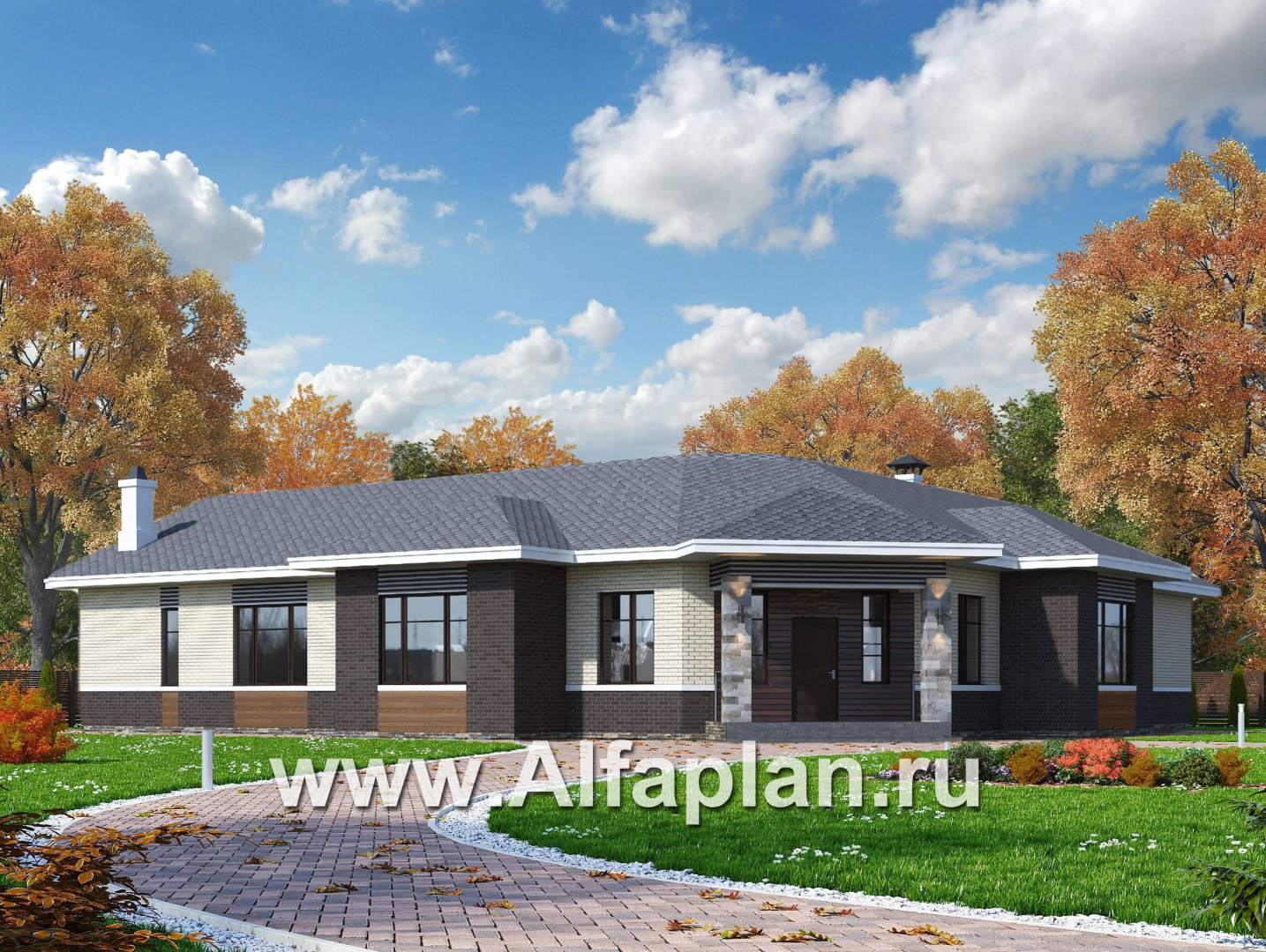 Проекты домов Альфаплан - «Модуль» — одноэтажный дом с диагональным планом, 4 спальни - дополнительное изображение №1