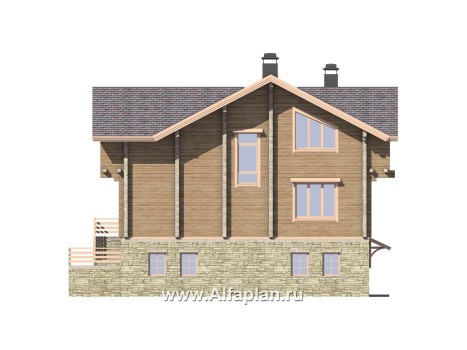 «Традиция» - проект дом с мансардой из бревен, с гаражом и сауной в каменном цоколе,  с террасой - превью фасада дома
