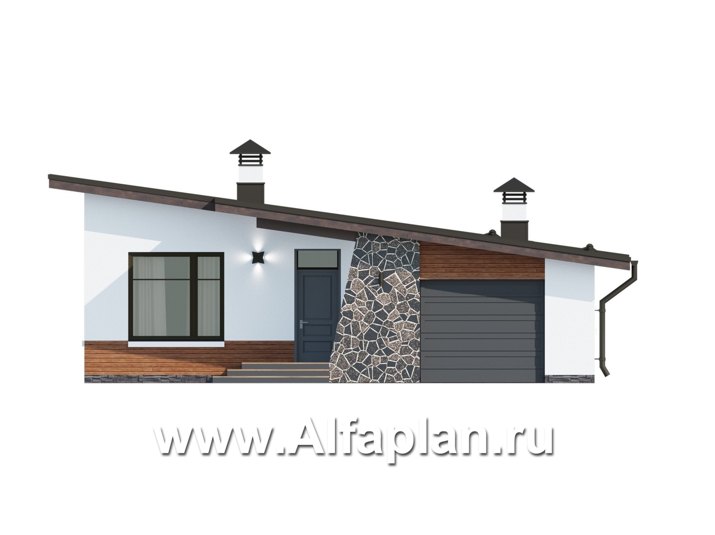 Проекты домов Альфаплан - "Свежесть" - проект одноэтажного дома из газобетона, с террасой и с гаражом, с односкатной крышей - изображение фасада №1