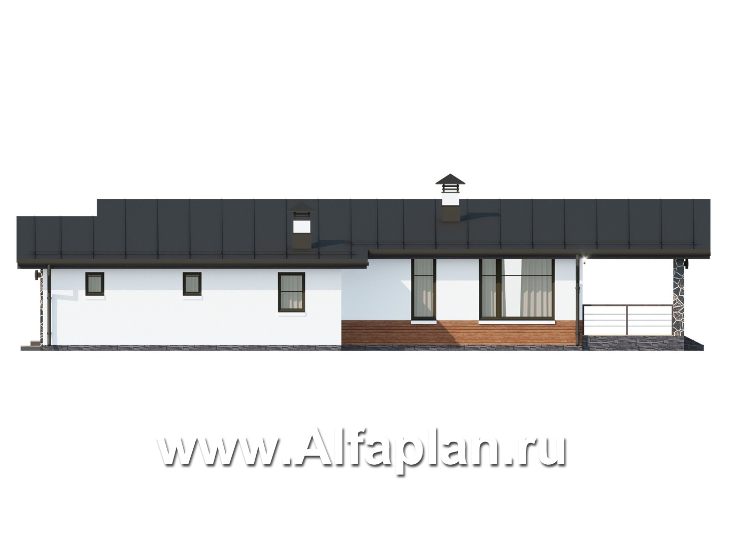 Проекты домов Альфаплан - "Свежесть" - проект одноэтажного дома из газобетона, с террасой и с гаражом, с односкатной крышей - изображение фасада №2