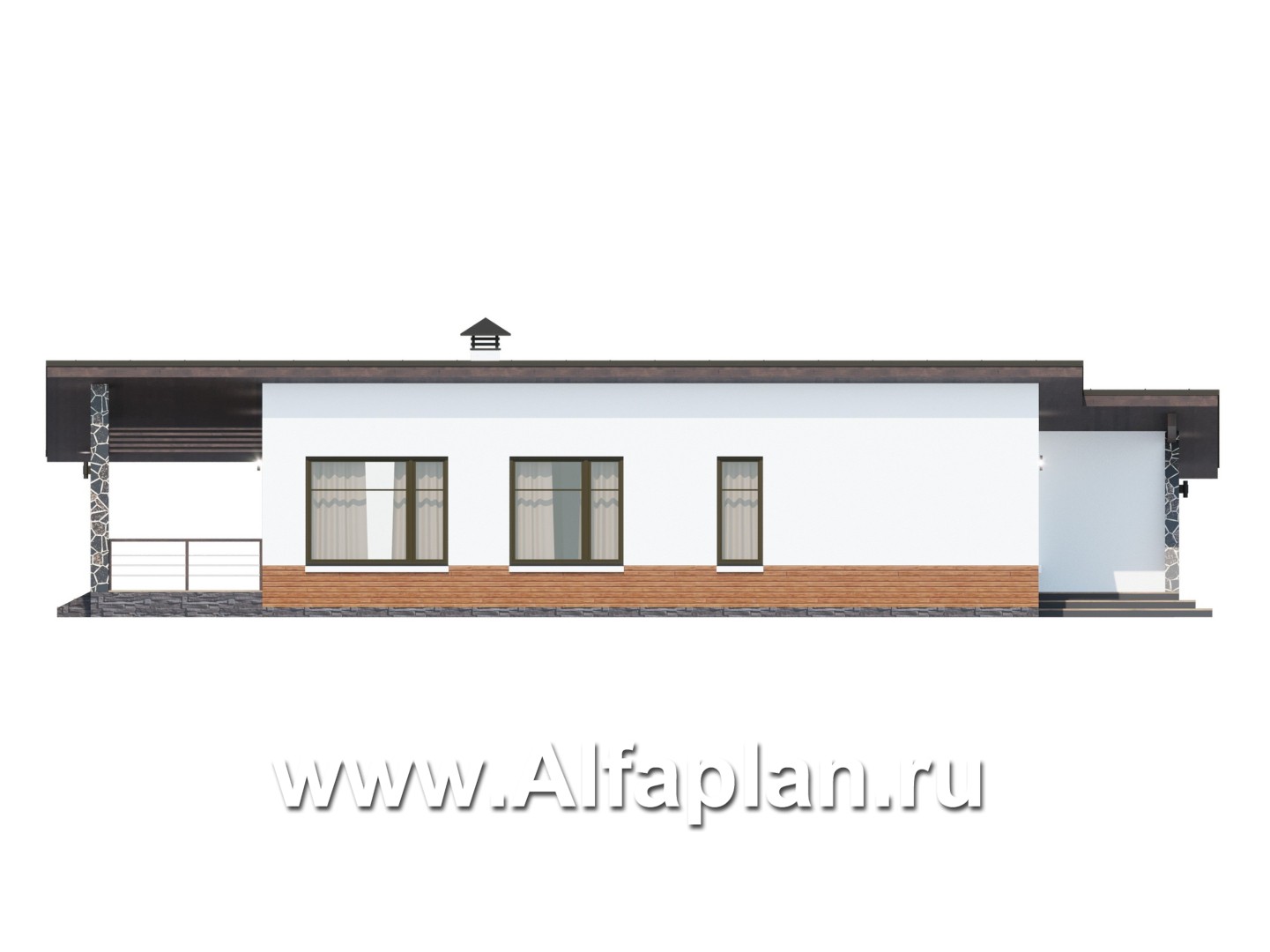 Проекты домов Альфаплан - "Свежесть" - проект одноэтажного дома из газобетона, с террасой и с гаражом, с односкатной крышей - изображение фасада №3