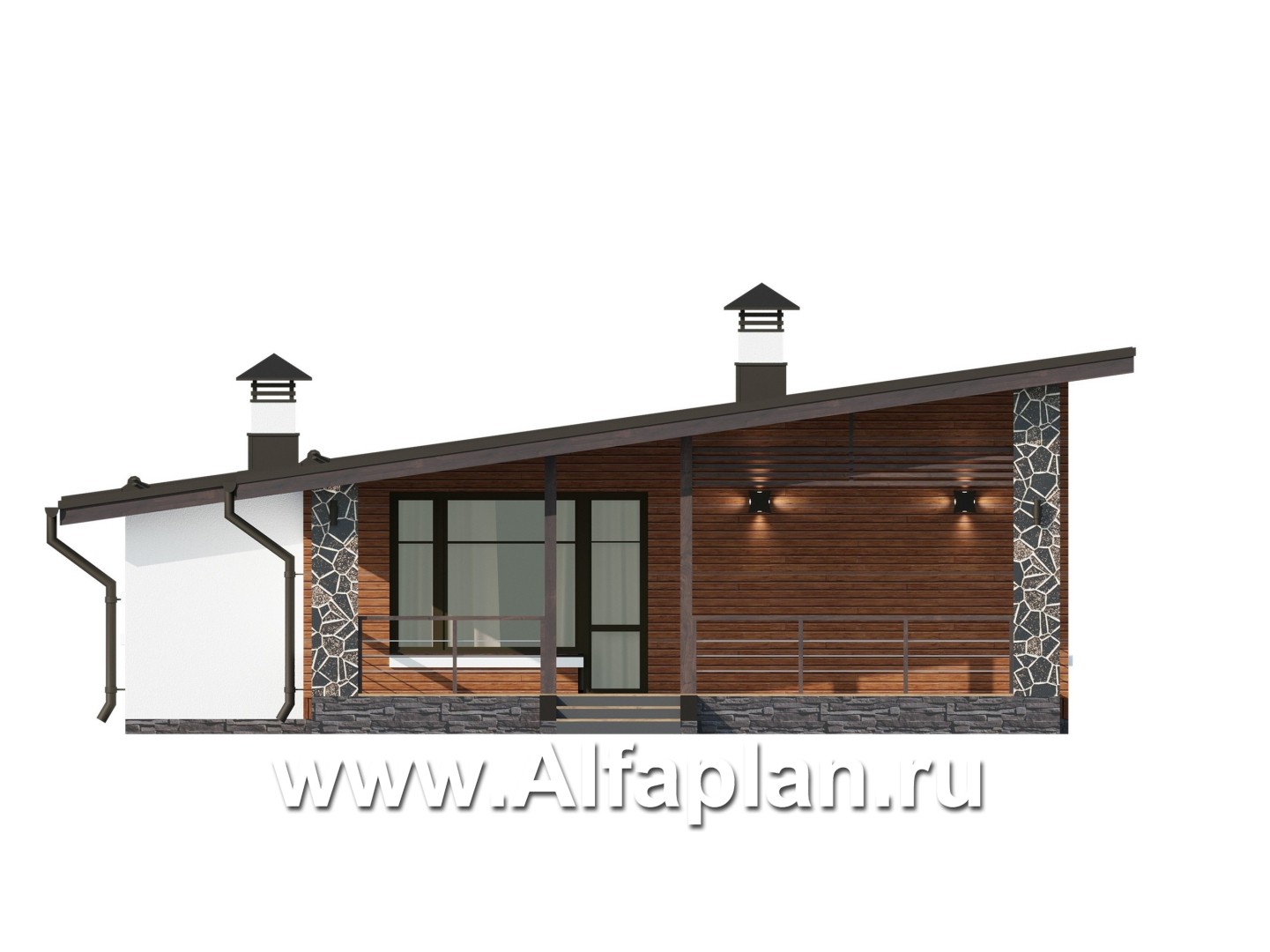 Проекты домов Альфаплан - "Свежесть" - проект одноэтажного дома из газобетона, с террасой и с гаражом, с односкатной крышей - изображение фасада №4