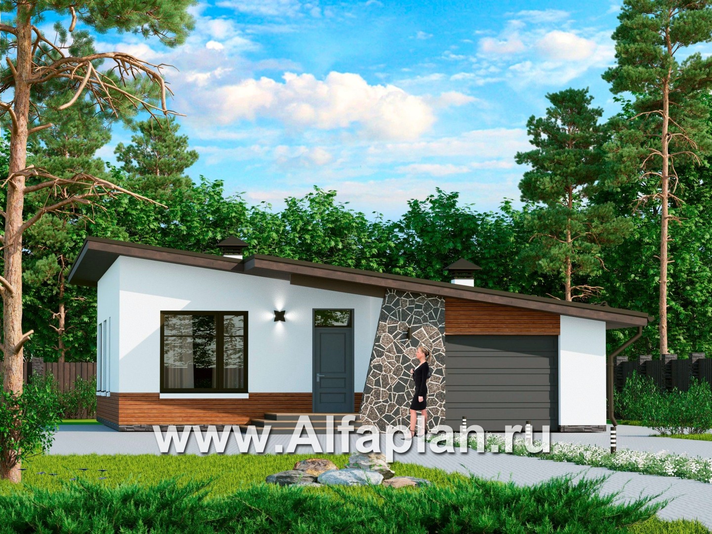 Проекты домов Альфаплан - "Свежесть" - проект одноэтажного дома из газобетона, с террасой и с гаражом, с односкатной крышей - основное изображение
