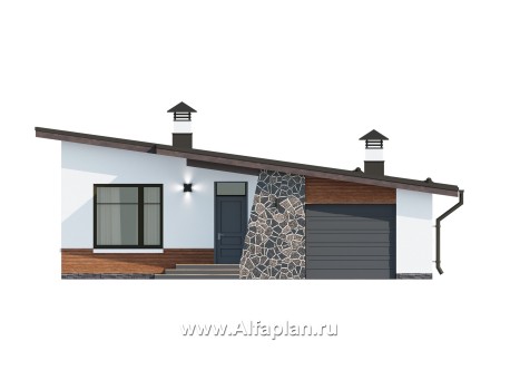 Проекты домов Альфаплан - "Свежесть" - проект одноэтажного дома из газобетона, с террасой и с гаражом, с односкатной крышей - превью фасада №1