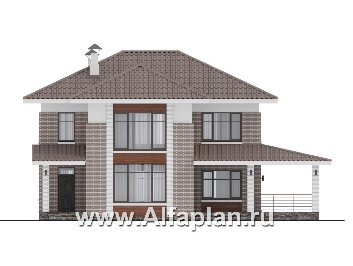 Проекты домов Альфаплан - "Вермеер" - проект двухэтажного дома с лестницей в гостиной - изображение фасада №1
