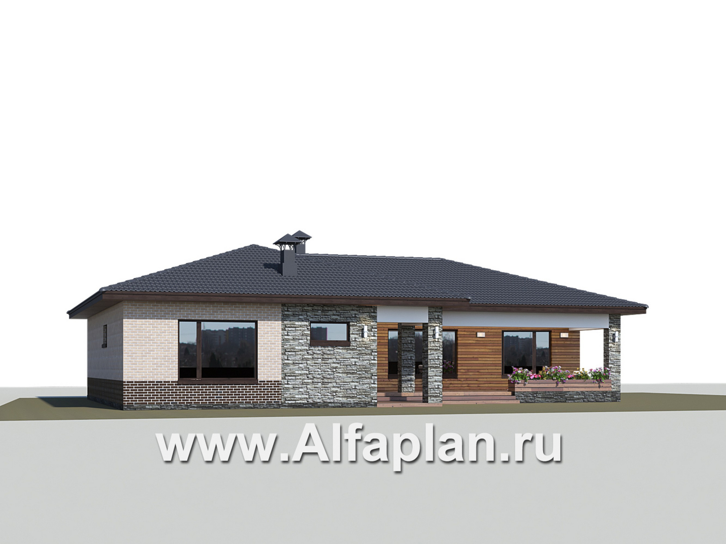Проекты домов Альфаплан - «Алазея» - просторный одноэтажный дом с тремя спальнями и кабинетом - дополнительное изображение №1