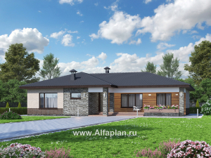 Проекты домов Альфаплан - «Алазея» - просторный одноэтажный дом с тремя спальнями и кабинетом - превью основного изображения