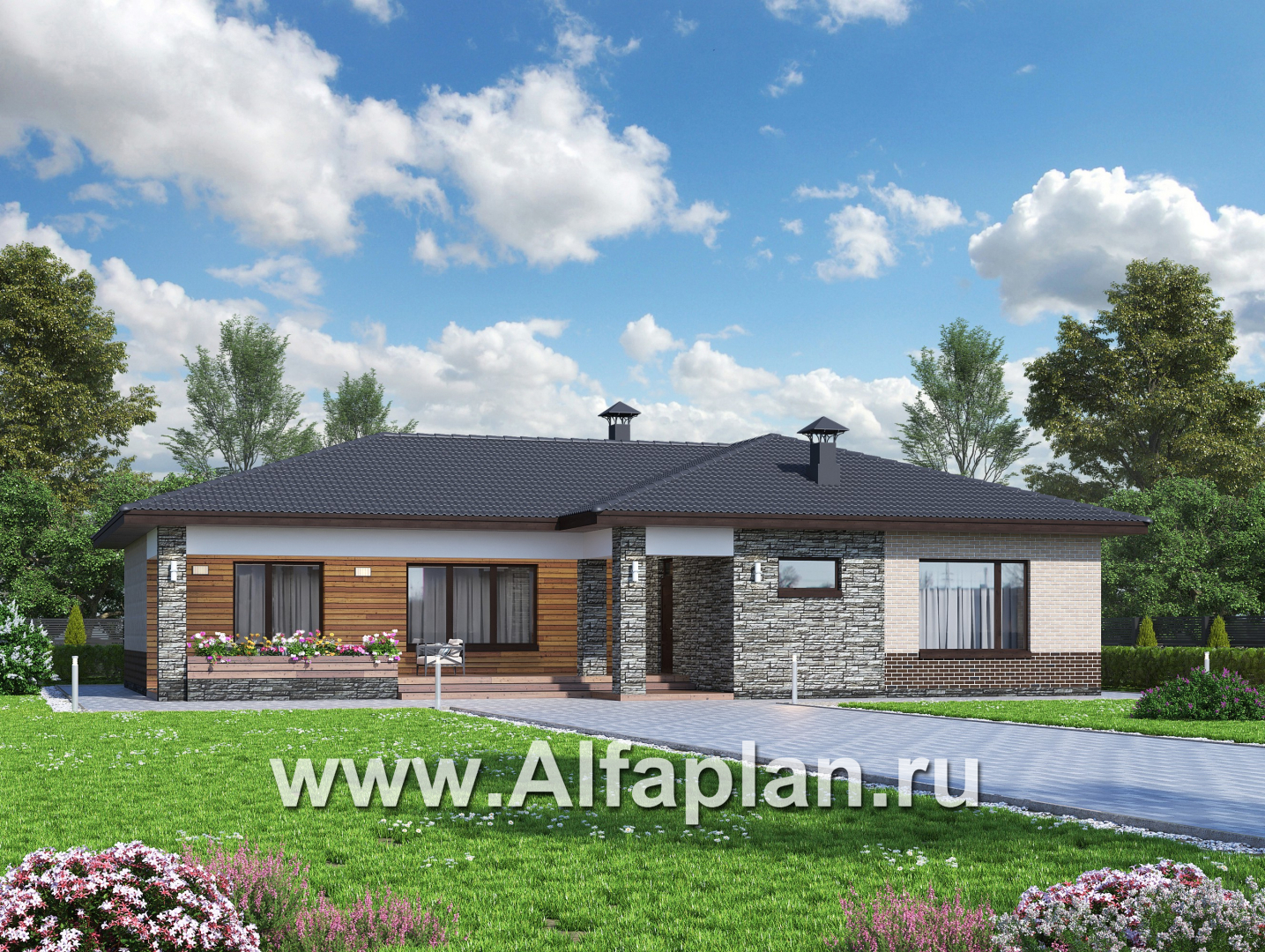 Проекты домов Альфаплан - «Алазея» - просторный одноэтажный дом с тремя спальнями и кабинетом - основное изображение