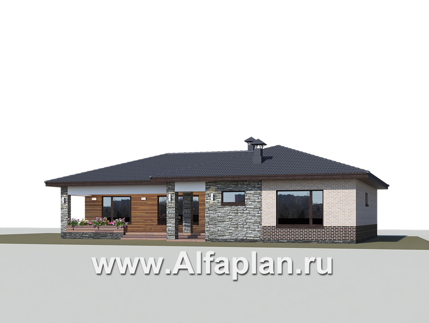 Проекты домов Альфаплан - «Алазея» - просторный одноэтажный дом с тремя спальнями и кабинетом - дополнительное изображение №1