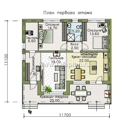 Проекты домов Альфаплан - "Талисман" - проект одноэтажного дома с односкатной кровлей - превью плана проекта №1