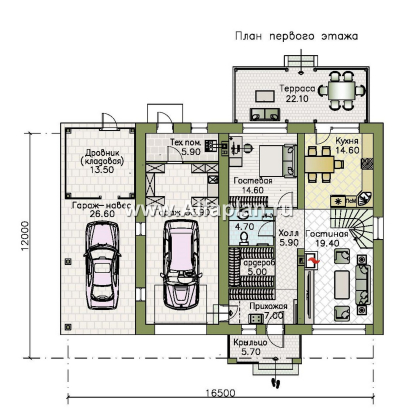 «Остров сокровищ» - проект двухэтажного дома с гаражом и навесом для автомобилей - превью план дома