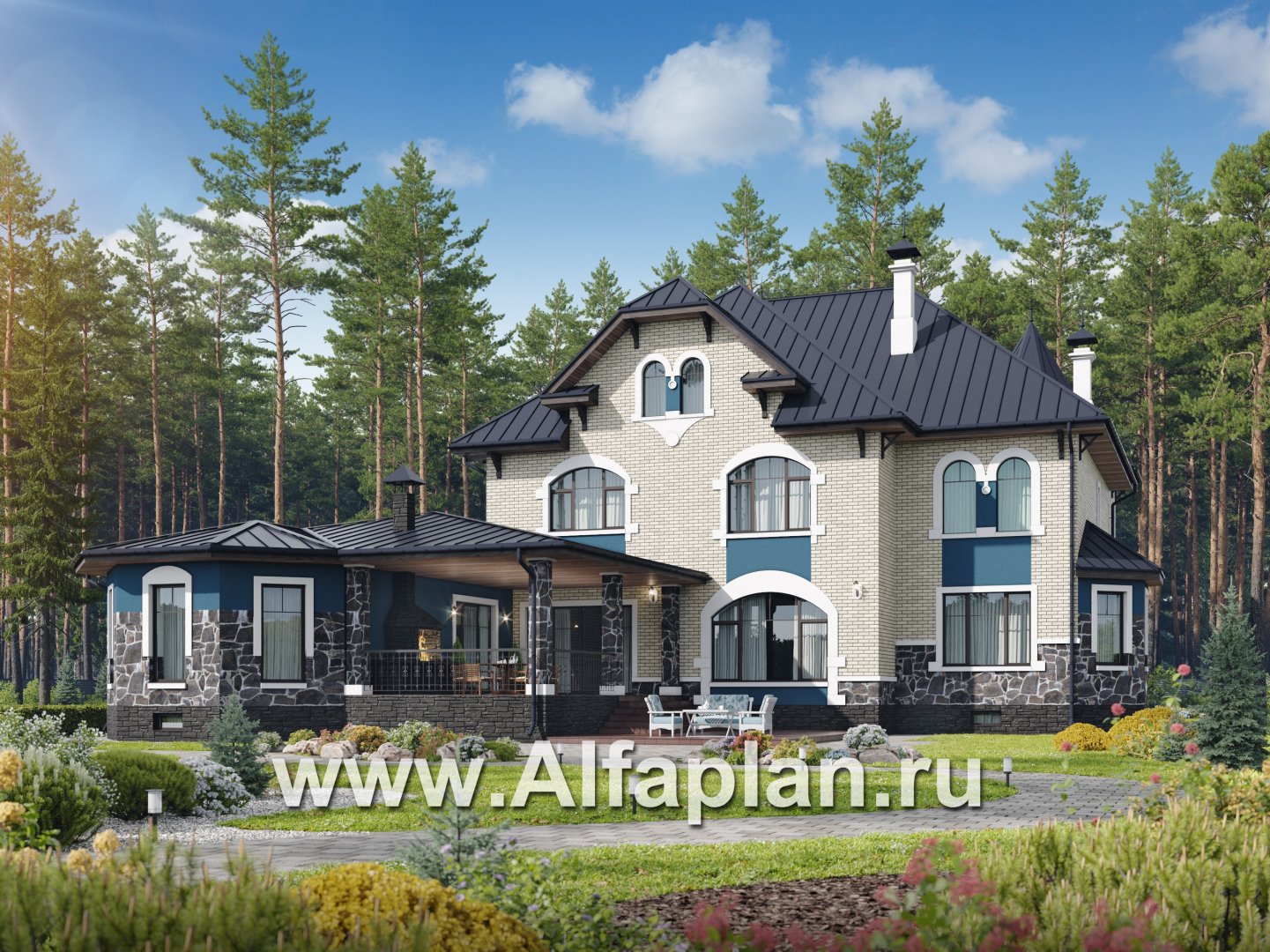 «Дворянское гнездо» - проект двухэтажного дома,  с двусветной гостиной и бассейном, семейный особняк в русском стиле - дизайн дома №1