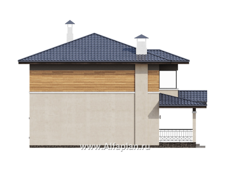 «Невада» - проект двухэтажного дома из газобетона, с террасой со стороны входа, в стиле Райта - превью фасада дома