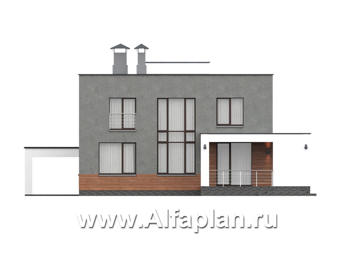 «Вермеер» - проект двухэтажного дома, планировка с мастер спальней, со вторым светом и с террасой, в стиле минимализм с плоской крышей - фасад дома