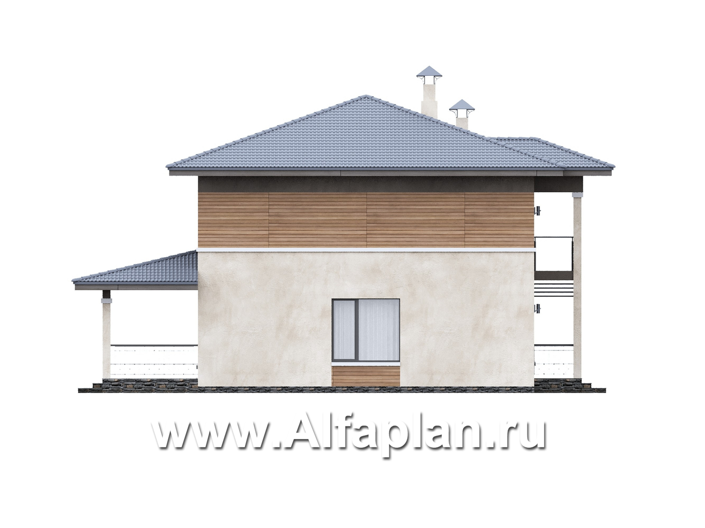 «Невада» - проект двухэтажного дома из газобетона, с террасой, в стиле Райта - фасад дома
