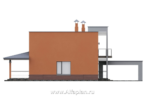«Невада» - проект двухэтажного дома из газобетона, с террасой, навес на 2 авто, с плоской крышей в стиле минимализм - превью фасада дома