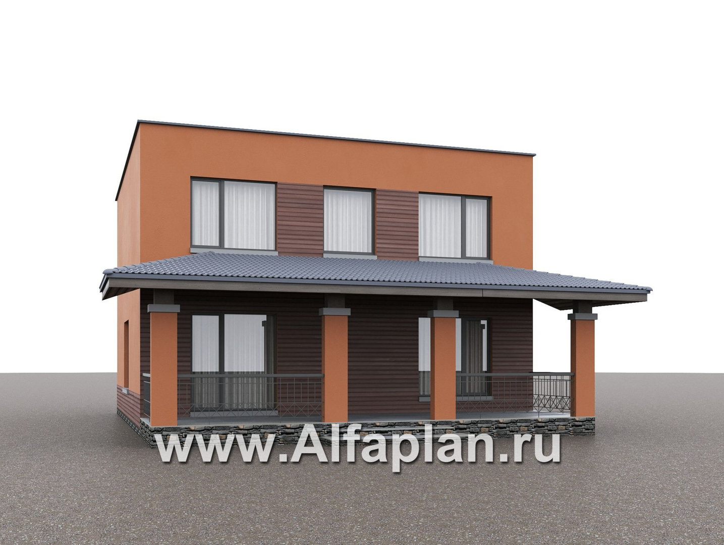 «Невада» - проект двухэтажного дома из газобетона, с террасой, навес на 2 авто, с плоской крышей в стиле минимализм - дизайн дома №2